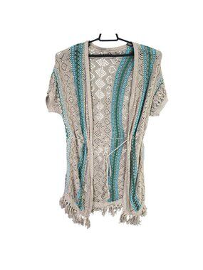 Womens Chicos Beige & Turquoise Open Front Knit Cardigan 100% Linen Size 1